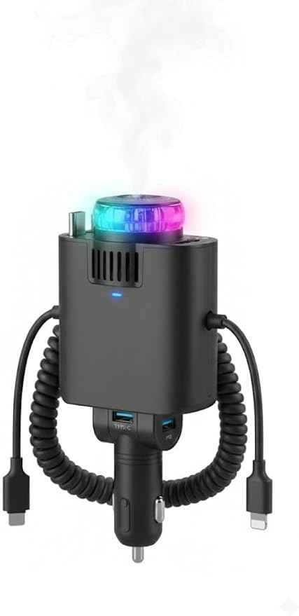 5-in-1 Starlight Car Charger & Aromatherapy Diffuser – Dual Retractable Cables with USB-C Port & LED Star Projector Roof Light – Fast Charging Integrated Car Essential Oil Kit
