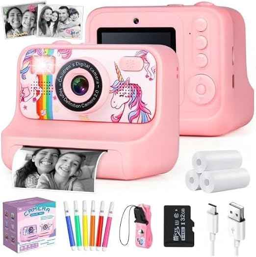 Kids Instant Print Camera 48MP | 1080P HD Digital Camera with Thermal Printer, Selfie Camera, Games & Music Player | 32GB Memory Card Included