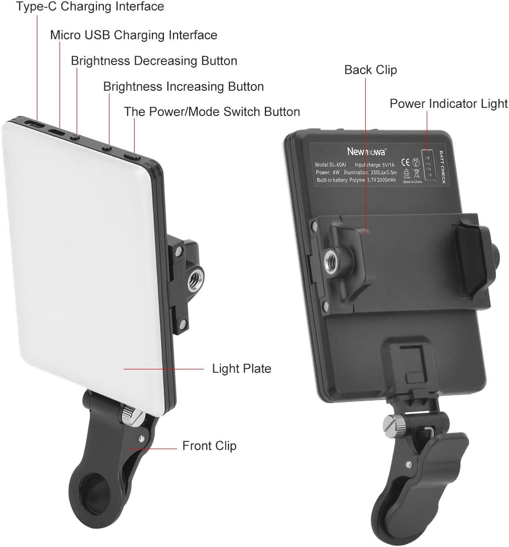 60 LED High Power Rechargeable Clip Fill Video Light with Front & Back Clip, 3 Light Modes