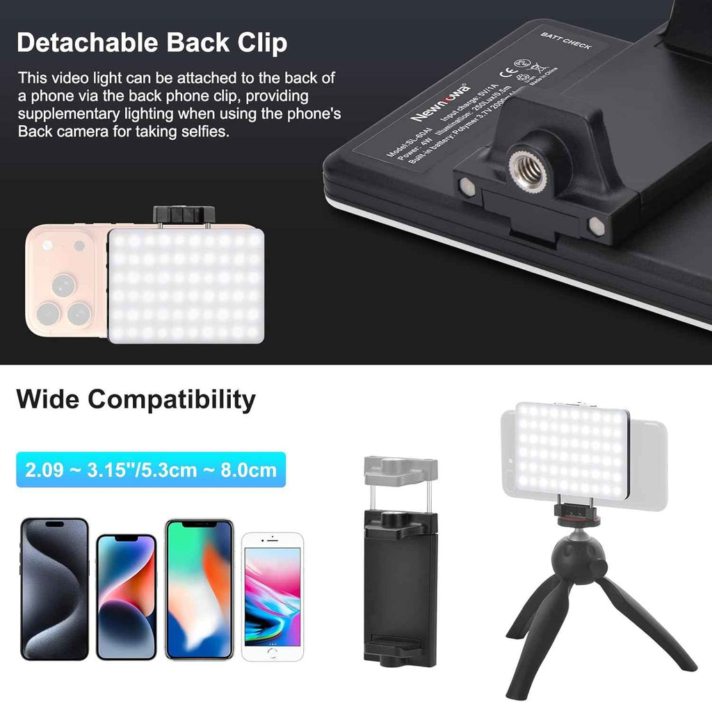 60 LED High Power Rechargeable Clip Fill Video Light with Front & Back Clip, 3 Light Modes