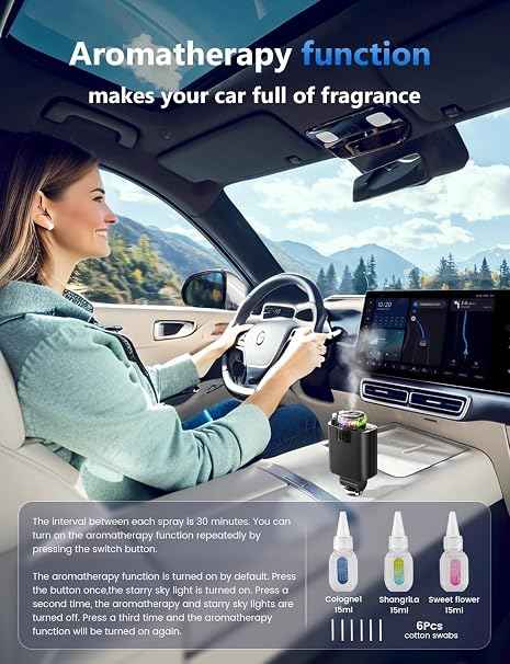 5-in-1 Starlight Car Charger & Aromatherapy Diffuser – Dual Retractable Cables with USB-C Port & LED Star Projector Roof Light – Fast Charging Integrated Car Essential Oil Kit