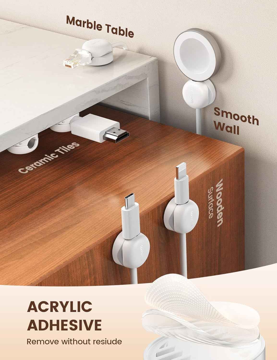Cable Clips, Spring Cord Organizer Holder - 6Pack Compact Desk Cable Management Clips (White)