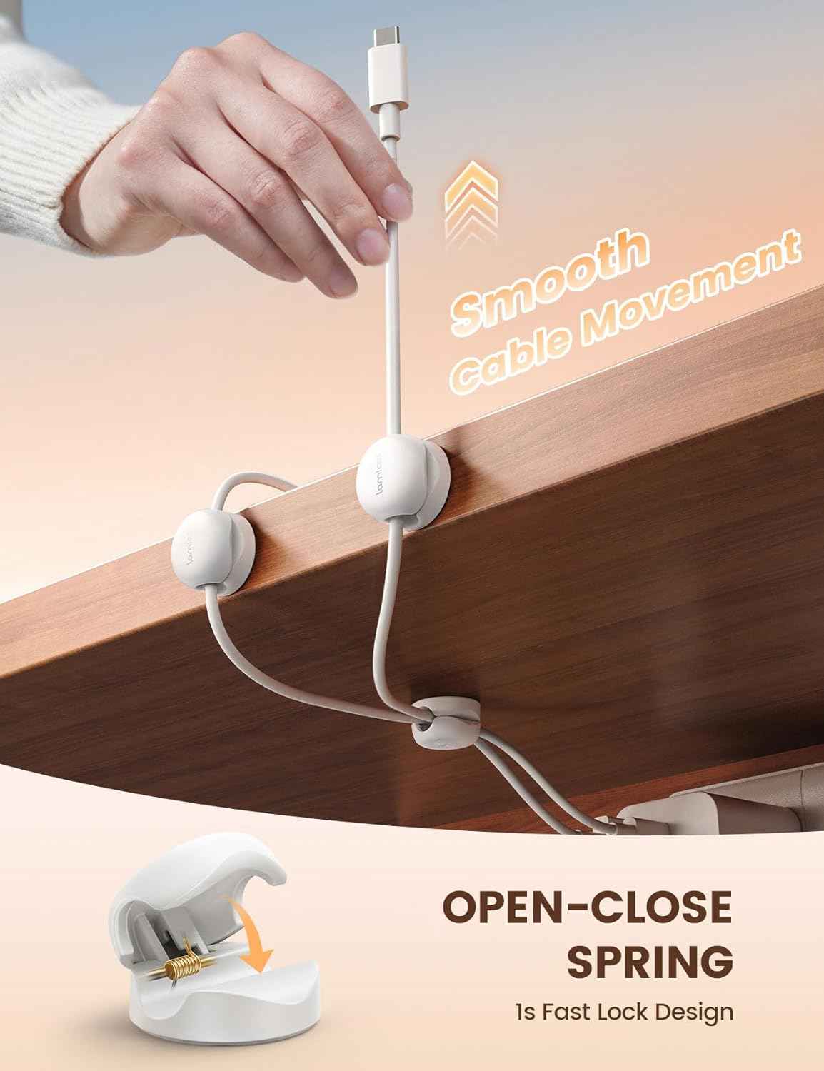 Cable Clips, Spring Cord Organizer Holder - 6Pack Compact Desk Cable Management Clips (White)