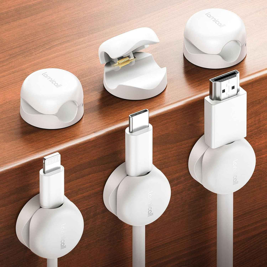Cable Clips, Spring Cord Organizer Holder - 6Pack Compact Desk Cable Management Clips (White)