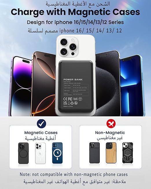 Magnetic Power Bank 12000mAh for MagSafe, Wireless Portable Charger for iPhone 16/15/14/13/12 Series