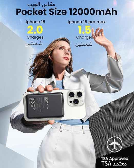 Magnetic Power Bank 12000mAh for MagSafe, Wireless Portable Charger for iPhone 16/15/14/13/12 Series