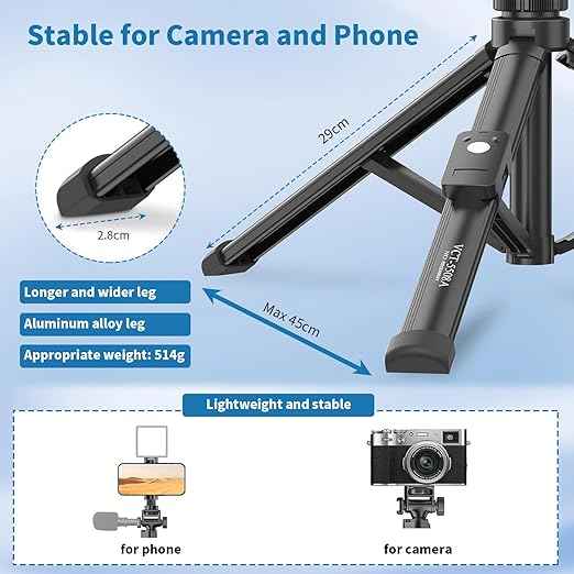 170cm Adjustable Camera & Phone Tripod Stand with Wireless Remote | Aluminum Selfie Stick Tripod for Smartphones, DSLR Cameras & Content Creation