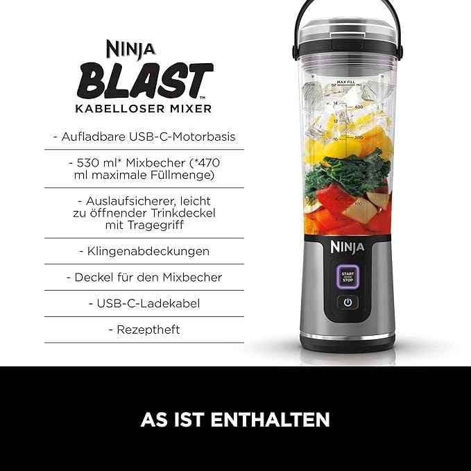 Ninja Blast Portable USB Rechargeable Blender | Cordless Personal Smoothie Maker | 530ml Travel Blender