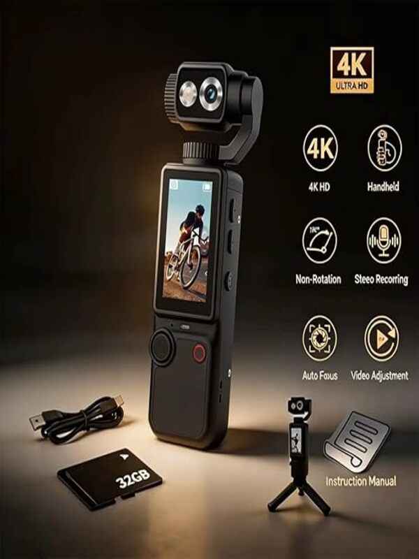 4K Mini Gimbal Action Camera | 3-Axis Stabilized Vlogging Camera with Touchscreen & AI Tracking