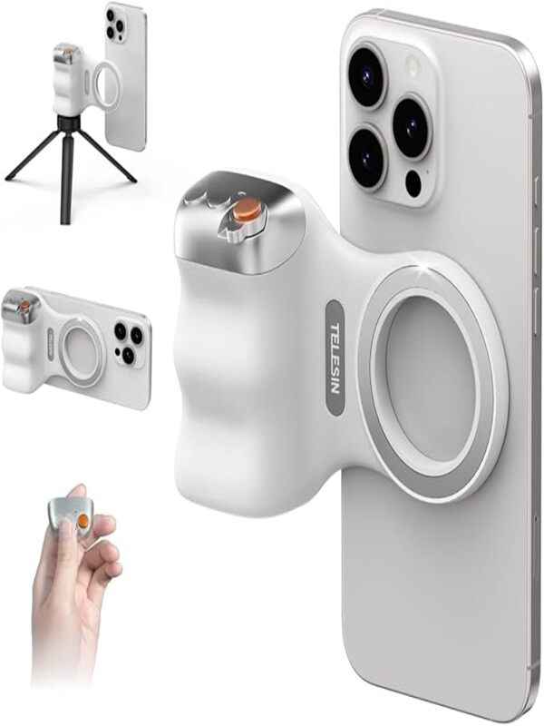 TELESIN Magnetic Phone Camera Grip with Bluetooth Remote Shutter – MagSafe Compatible Ergonomic Handle for iPhone & Android | Double-Sided Magnetic Mount | Vlogging & Photography Grip